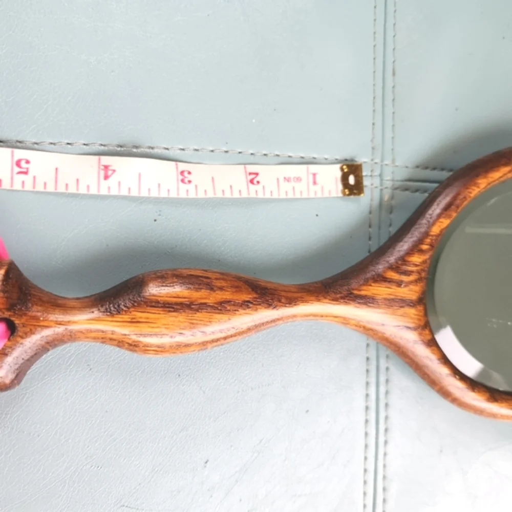 Prairie BEVELED Rich Brown Tiger Wood Oval Handle OOAK Carved Flower Hand Mirror